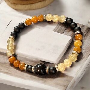 Black Onyx Golden Jade Yellow Calcite Crystal Gemstone Stretch Elastic Bracelet
